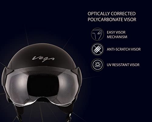 Vega Atom ISI Certified Smooth Matt Finish Open Face Helmet for Men and Women with Clear Visor(Dull Black, Size:M)