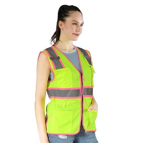Hi Vis Safety Vest for Women, Working Drawstring waist Construction Vest with Pockets and Zipper, Womens Safety Vest, ANSI Type R Class2, Yellow Pink Strips, XL, Yellow, X-Large