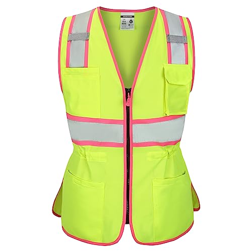 Hi Vis Safety Vest for Women, Working Drawstring waist Construction Vest with Pockets and Zipper, Womens Safety Vest, ANSI Type R Class2, Yellow Pink Strips, XL, Yellow, X-Large