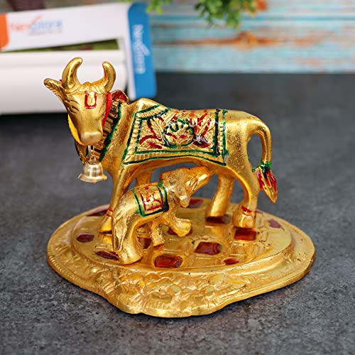 Metal Beautiful Kamdhenu Cow and Calf Idol Showpiece