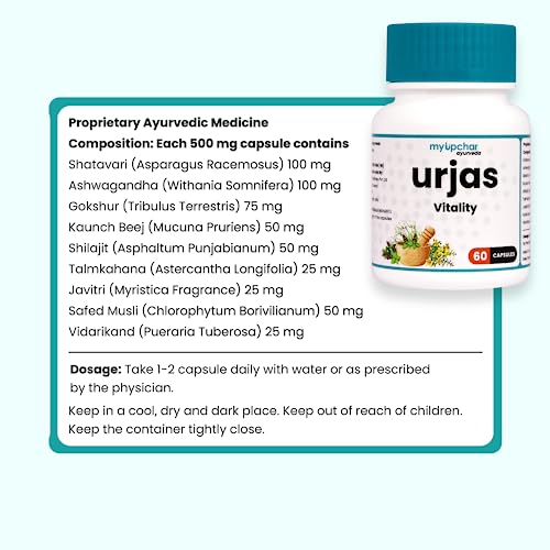 myUpchar Ayurveda Urjas Vitality Capsule For Men | Improves Strength, Stamina & Energy | Ashwagandha, Safed Musli, Gokshur & Shjilajit | 60 Veg Capsules