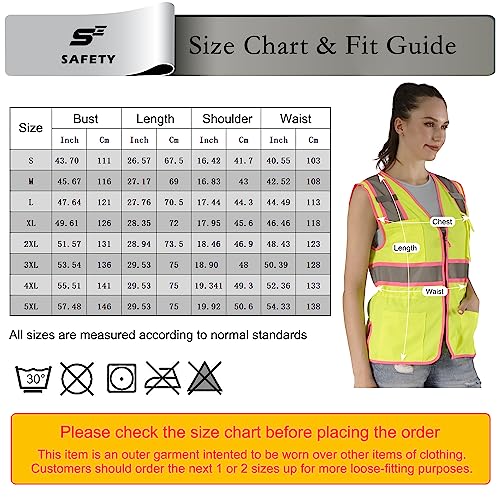 Hi Vis Safety Vest for Women, Working Drawstring waist Construction Vest with Pockets and Zipper, Womens Safety Vest, ANSI Type R Class2, Yellow Pink Strips, XL, Yellow, X-Large