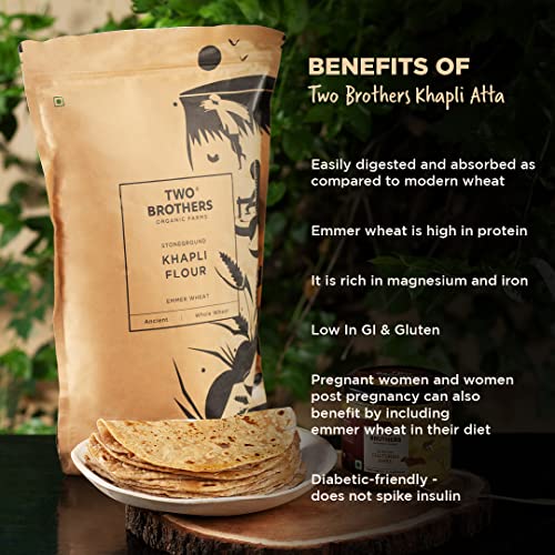 Two Brothers Organic Farms - Khapli Wheat Flour (2 kg) | High Dietary Fiber for Easy Digestion | Stoneground Emmer Atta