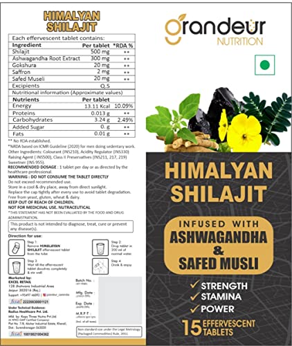 पुरुषों के लिए जीवन शक्ति, शक्ति, सहनशक्ति, प्रदर्शन के लिए गोक्षुरा, केसर और सफेद मूसली के साथ 2 शिलाजीत अश्वगंधा अर्क एफ़र्जेसेंट गोलियों का भव्य पैक | 30 टैब | 100% प्राकृतिक | प्रीमियम जीवन शक्ति |