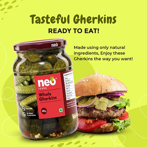 Neo Whole Gherkins 480g I Pack of 1 I 100% Vegan I Low Fat Sweet and Crunchy Pickles, Ready to Eat, No GMO I Enjoy with Nachos, Make a Healthy Salad at home