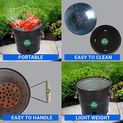 TrustBasket Portable Barbeque Bucket Set –Round Portable Charcoal BBQ Barbeque for Indoor/Outdoor and Multiuse (Black)