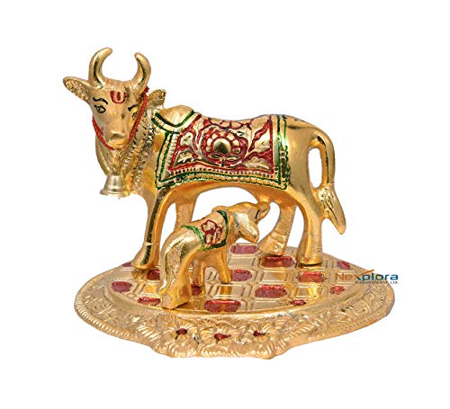 Metal Beautiful Kamdhenu Cow and Calf Idol Showpiece
