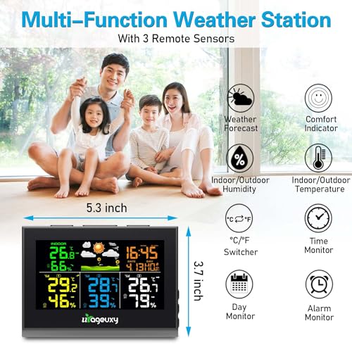 Urageuxy Weather Station with Multiple Sensors, Wireless Indoor Outdoor Thermometer Hygrometer with 3 Sensors, Weather Forecast