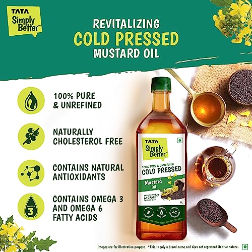 Tata Simply Better Pure and Unrefined Cold Pressed Mustard Oil, Naturally Cholesterol Free, Mustard Oil with Rich Aroma & Flavour of Real Mustard Seeds, Can Be Used in Daily Cooking, Multipurpose Usage, A1 Grade Mustard Seeds, Purity in Every Drop, 1L