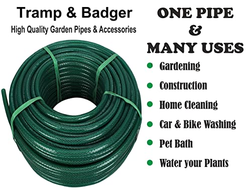 Tramp & Badger (Size : 1/2 (0.5) Inch, Length: 30 Meters, Green) Heavy Duty Braided Water Hose Pipe, Light Weight Easy to Connect For Garden, Car Wash, Floor Clean, Pet Bath, Park & Yard. .