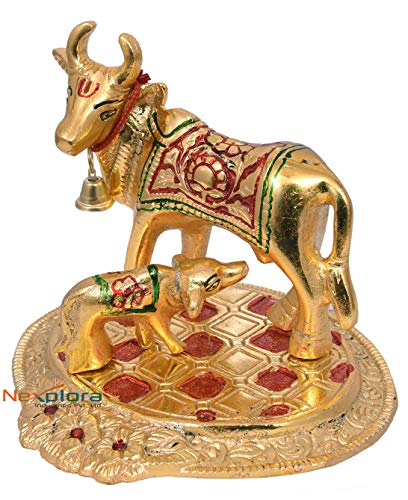 Metal Beautiful Kamdhenu Cow and Calf Idol Showpiece