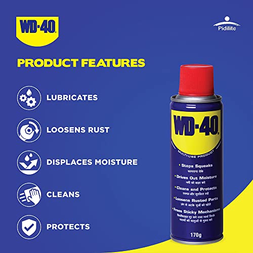 पिडिलाइट WD 40, 170 G मल्टीपर्पस स्प्रे ऑटो मेंटेनेंस, जंग रिमूवर, लुब्रिकेंट, फंसे हुए और जंग वाले हिस्सों को ढीला करता है, दाग और चिपचिपे अवशेषों को हटाता है, डीस्केलिंग, सभी उद्देश्य के लिए सुरक्षात्मक और सफाई एजेंट