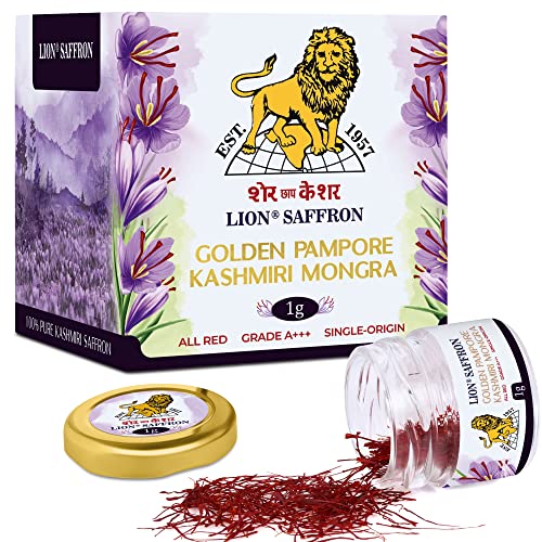 लायन केसर, 1 ग्राम, ग्रेड ए+++ कश्मीरी मोंगरा केसर/केशर/केसर गर्भवती महिलाओं के लिए, बिरयानी, खाना पकाने, मिठाई और सौंदर्य (पंपोर, कश्मीर से) (1 का पैक, 1 ग्राम)