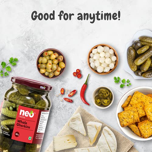 Neo Whole Gherkins 480g I Pack of 1 I 100% Vegan I Low Fat Sweet and Crunchy Pickles, Ready to Eat, No GMO I Enjoy with Nachos, Make a Healthy Salad at home