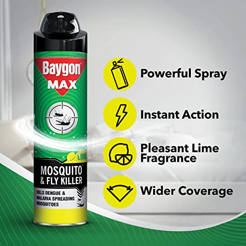 Baygon Max Mosquito and Fly Killer Spray, 400ml | चुना सुगंध | झटपट मॉस्किटो रिपेलेंट | डेंग्यू आणि मलेरिया पसरवणाऱ्या डासांना मारते | 30% विस्तीर्ण कव्हरेजसाठी डबल नोजल तंत्रज्ञानासह