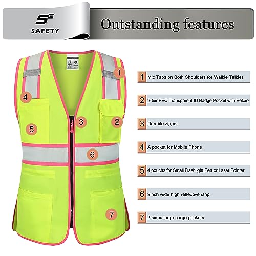 Hi Vis Safety Vest for Women, Working Drawstring waist Construction Vest with Pockets and Zipper, Womens Safety Vest, ANSI Type R Class2, Yellow Pink Strips, XL, Yellow, X-Large