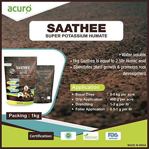 घरेलू पौधों, बगीचों और कृषि के लिए ACURO Saathee सुपर पोटेशियम ह्यूमेट - ह्यूमिक एसिड, विकास के लिए पोषक तत्व (1 किलो)