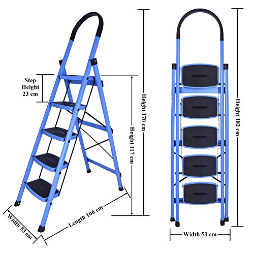 Plantex Ladder for Home-Foldable Steel 5 Step Ladder-Wide Anti Skid Steps (Blue & Black)