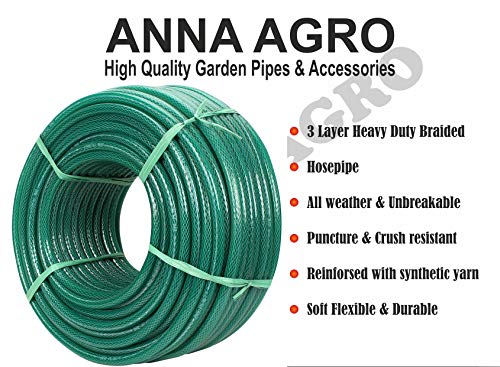 ANNA AGRO (Size : 1/2 (0.5) Inch, Length: 10 Meters, Green) 3 Layered Heavy Duty Braided Water Hose Pipe for Watering with Spray Gun Easy to Connect, Garden, Car Wash, Floor Clean, Pet Bath, Yard.
