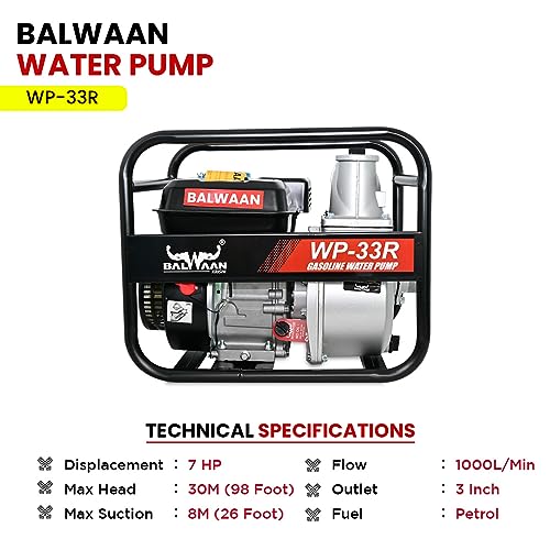 बलवान WP-33R वॉटर पंप 3 इंच आउटलेट | 7 HP पॉवरफुल पेट्रोल इंजिन 4 स्ट्रोक | कमाल डिस्चार्ज 1000-1200 लिटर/मिनिट, RPM 3600 | सिंचन आणि निचरा, शेती, बागांसाठी उपयुक्त.