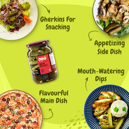 Neo Whole Gherkins 480g I Pack of 1 I 100% Vegan I Low Fat Sweet and Crunchy Pickles, Ready to Eat, No GMO I Enjoy with Nachos, Make a Healthy Salad at home