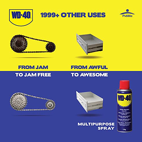 पिडिलाइट WD 40, 170 G मल्टीपर्पस स्प्रे ऑटो मेंटेनेंस, जंग रिमूवर, लुब्रिकेंट, फंसे हुए और जंग वाले हिस्सों को ढीला करता है, दाग और चिपचिपे अवशेषों को हटाता है, डीस्केलिंग, सभी उद्देश्य के लिए सुरक्षात्मक और सफाई एजेंट