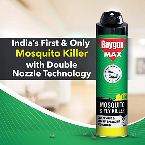 Baygon Max Mosquito and Fly Killer Spray, 400ml | चुना सुगंध | झटपट मॉस्किटो रिपेलेंट | डेंग्यू आणि मलेरिया पसरवणाऱ्या डासांना मारते | 30% विस्तीर्ण कव्हरेजसाठी डबल नोजल तंत्रज्ञानासह
