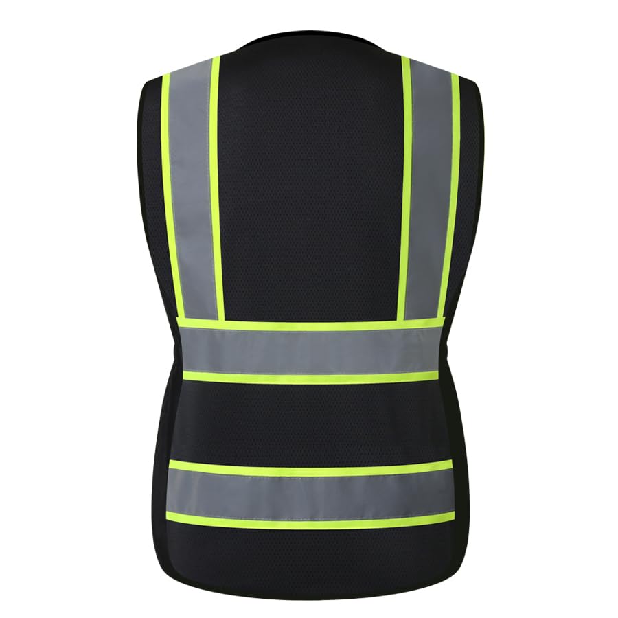 Kazsaifo Reflective Women Safety Vest with 8 Pockets and Zipper High Visibility Mesh Vest Hi Vis Women Work Vest ANSI/ISEA Standards(KZW-Black,S)