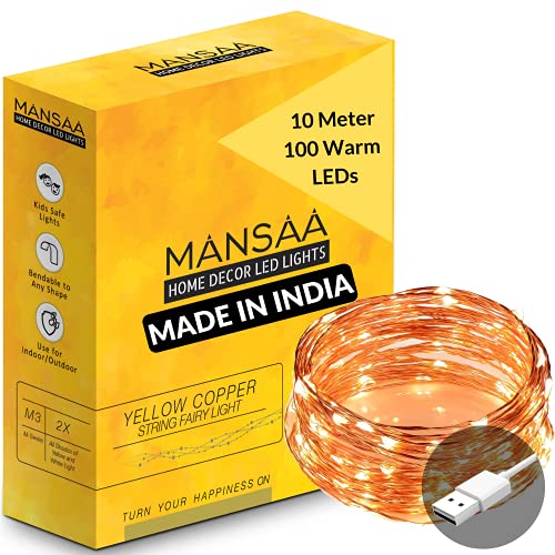 MANSAA M6 USB LED स्ट्रिंग लाइट | 10 मीटर 100 LED | पीला रंग | यूएसबी संचालित | गृह सजावट एलईडी लाइट