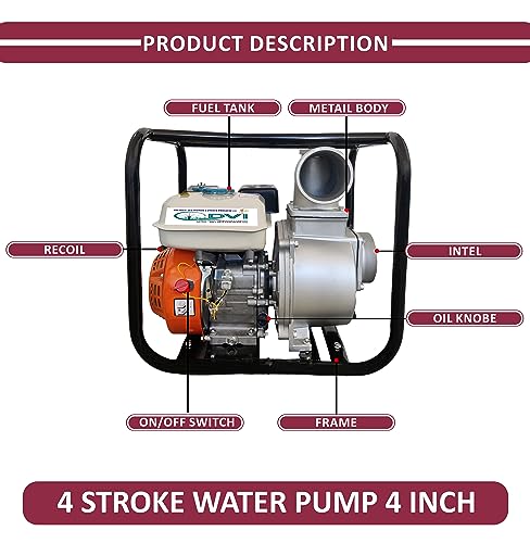 DVI 4 स्ट्रोक 6.5HP पोर्टेबल पेट्रोल वॉटर पंप (4 इंच) वॉटर पंप प्रगत तंत्रज्ञान पेट्रोल इंजिन 3600 RPM कृषी, पाणी उचल, कमी इंधन वापरासाठी वापरले जाते | दीर्घकाळ चालणारे जीवन.