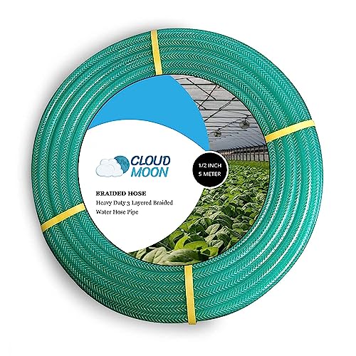 Cloud Moon Heavy Duty Highly Durable PVC Green Braided Water Hose Pipe with 8 Pattern Nozzle Sprayer & 3 clamps(1/2 Inch) (5 Meters)