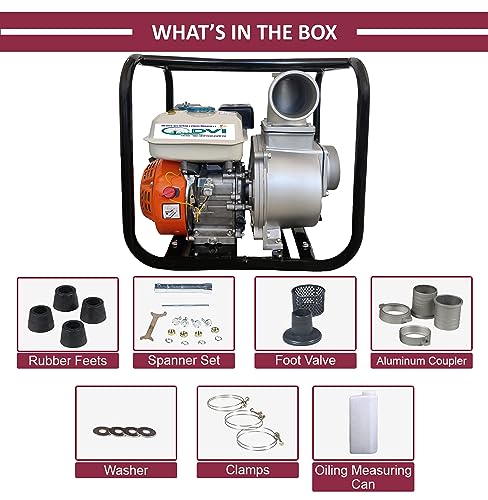DVI 4 स्ट्रोक 6.5HP पोर्टेबल पेट्रोल वॉटर पंप (4 इंच) वॉटर पंप प्रगत तंत्रज्ञान पेट्रोल इंजिन 3600 RPM कृषी, पाणी उचल, कमी इंधन वापरासाठी वापरले जाते | दीर्घकाळ चालणारे जीवन.
