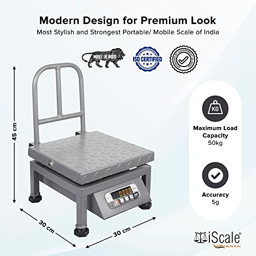 iScale i-21 क्षमता 50kg x 5g एक्यूरेसी, पोर्टेबल/मोबाइल डिजिटल वेइंग स्केल फ्रंट बैक डबल रेड डिस्प्ले और डिटैचेबल हैंडल के साथ, हेवी-ड्यूटी माइल्ड स्टील पैन, 12x12" सभी कमर्शियल उपयोग के लिए