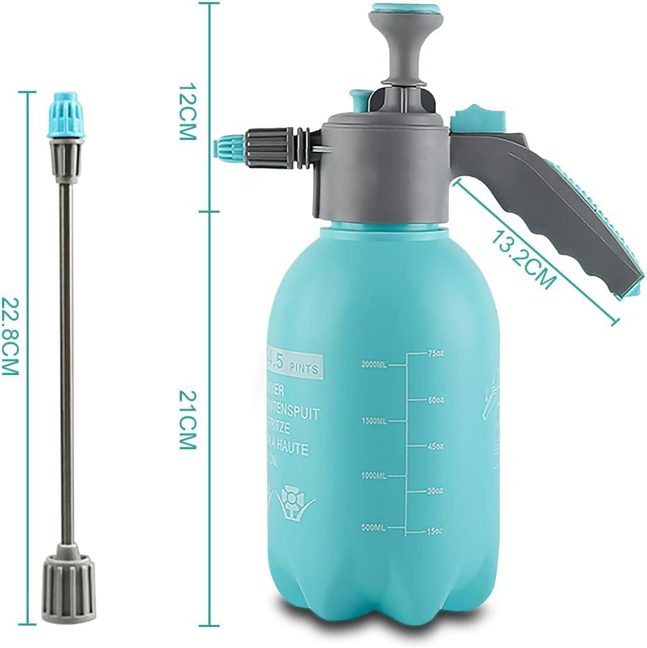 2 लीटर मल्टीफंक्शनल मैनुअल गार्डन स्प्रेयर हाई प्रेशर वाटर पंप बोतल सेफ्टी वाल्व और नोजल के साथ, फूलों, पौधों, कार, ग्लास, घर, कीटनाशक सफाई के लिए हैंडहेल्ड मिस्ट स्प्रे (नीला)