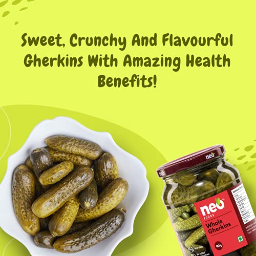 Neo Whole Gherkins 480g I Pack of 1 I 100% Vegan I Low Fat Sweet and Crunchy Pickles, Ready to Eat, No GMO I Enjoy with Nachos, Make a Healthy Salad at home