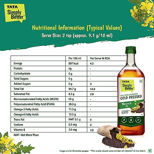 Tata Simply Better Pure and Unrefined Cold Pressed Mustard Oil, Naturally Cholesterol Free, Mustard Oil with Rich Aroma & Flavour of Real Mustard Seeds, Can Be Used in Daily Cooking, Multipurpose Usage, A1 Grade Mustard Seeds, Purity in Every Drop, 1L