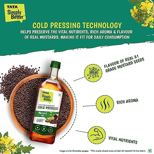 Tata Simply Better Pure and Unrefined Cold Pressed Mustard Oil, Naturally Cholesterol Free, Mustard Oil with Rich Aroma & Flavour of Real Mustard Seeds, Can Be Used in Daily Cooking, Multipurpose Usage, A1 Grade Mustard Seeds, Purity in Every Drop, 1L