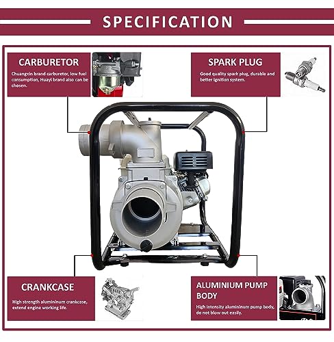 DVI 4 स्ट्रोक 6.5HP पोर्टेबल पेट्रोल वॉटर पंप (4 इंच) वॉटर पंप प्रगत तंत्रज्ञान पेट्रोल इंजिन 3600 RPM कृषी, पाणी उचल, कमी इंधन वापरासाठी वापरले जाते | दीर्घकाळ चालणारे जीवन.