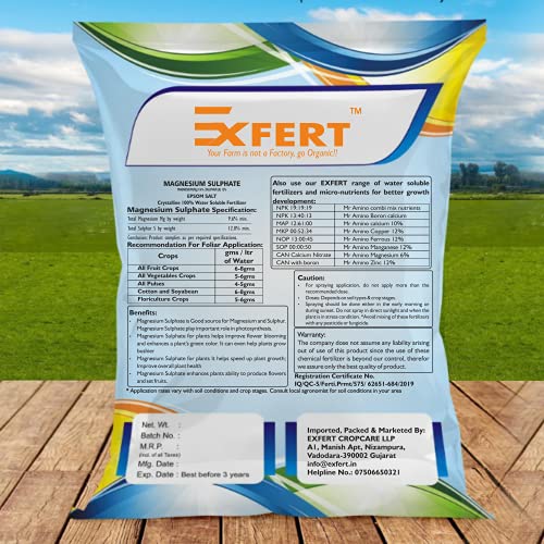 Exfert Epsom Salt Magnesium Sulphate Speed Up Plant Growth Vegetables & Plants Nutrient for Gardening Purpose (Foliar Spray Nutrition) (900 gm)