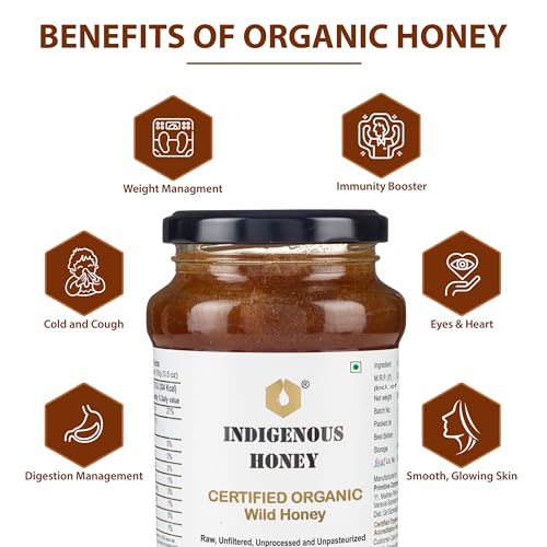INDIGENOUS HONEY Raw Organic Honey NMR Tested NPOP Organic Certified Pure Natural Unprocessed Original Honey - 530 g Glass Jar (Pack of 1)