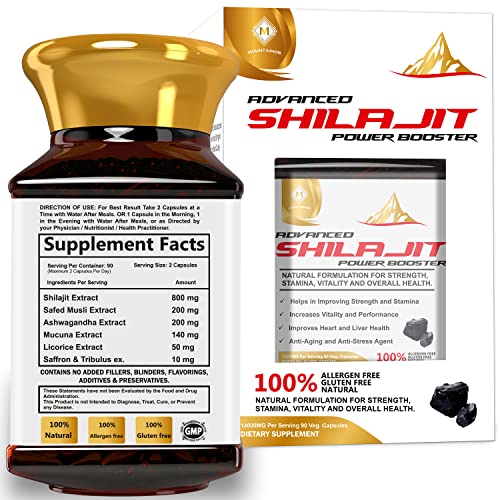 MOUNTAINOR Advanced Shilajit Power Booster Capsules with Saffron, Safed Musli, Ashwagandha - 1400MG (90 Veg Capsules) | For Enhanced Stamina, Vitality & Overall Wellbeing
