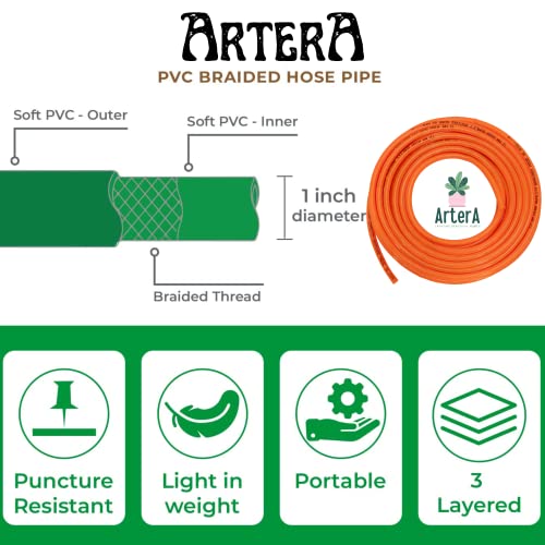 ARTERA™ गार्डन हेवी-ड्यूटी ब्रेडेड होज पाईप 3 क्लॅम्पसह होम गार्डनला पाणी, कार धुणे, मजला साफ करणे आणि पाळीव प्राणी आंघोळ करणे, ऑरेंज (1 इंच नळी पाईप, 30 मीटर)