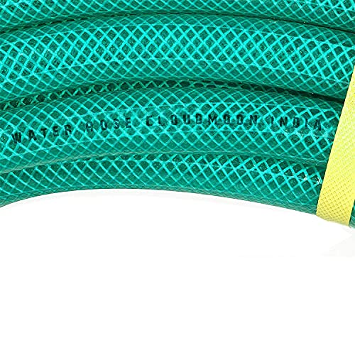 Cloud Moon Heavy Duty Highly Durable PVC Green Braided Water Hose Pipe with 8 Pattern Nozzle Sprayer & 3 clamps(1/2 Inch) (5 Meters)