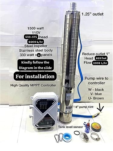 Asian Pumps & Machineries 4” Solar Water Pump Deep Bore Well impeller type Submersible BLDC with MPPT Controller 1500W Head 550-575 Feet, Flow 4000L/hr Outlet 1.25” With Tank Sensor kit 110V