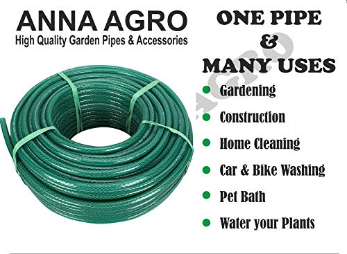 ANNA AGRO (Size : 1/2 (0.5) Inch, Length: 10 Meters, Green) 3 Layered Heavy Duty Braided Water Hose Pipe for Watering with Spray Gun Easy to Connect, Garden, Car Wash, Floor Clean, Pet Bath, Yard.