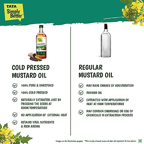 Tata Simply Better Pure and Unrefined Cold Pressed Mustard Oil, Naturally Cholesterol Free, Mustard Oil with Rich Aroma & Flavour of Real Mustard Seeds, Can Be Used in Daily Cooking, Multipurpose Usage, A1 Grade Mustard Seeds, Purity in Every Drop, 1L