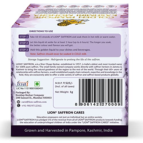 लायन केसर, 1 ग्राम, ग्रेड ए+++ कश्मीरी मोंगरा केसर/केशर/केसर गर्भवती महिलाओं के लिए, बिरयानी, खाना पकाने, मिठाई और सौंदर्य (पंपोर, कश्मीर से) (1 का पैक, 1 ग्राम)