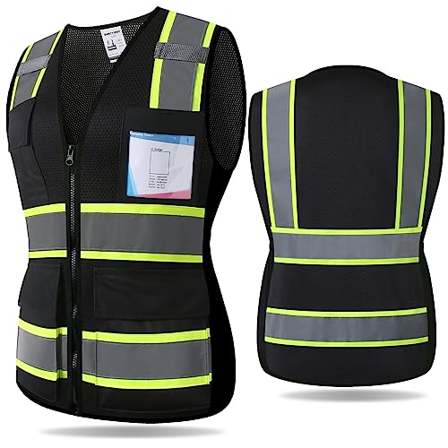 Kazsaifo Reflective Women Safety Vest with 8 Pockets and Zipper High Visibility Mesh Vest Hi Vis Women Work Vest ANSI/ISEA Standards(KZW-Black,S)