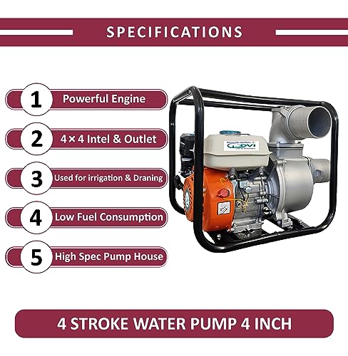 DVI 4 स्ट्रोक 6.5HP पोर्टेबल पेट्रोल वॉटर पंप (4 इंच) वॉटर पंप प्रगत तंत्रज्ञान पेट्रोल इंजिन 3600 RPM कृषी, पाणी उचल, कमी इंधन वापरासाठी वापरले जाते | दीर्घकाळ चालणारे जीवन.