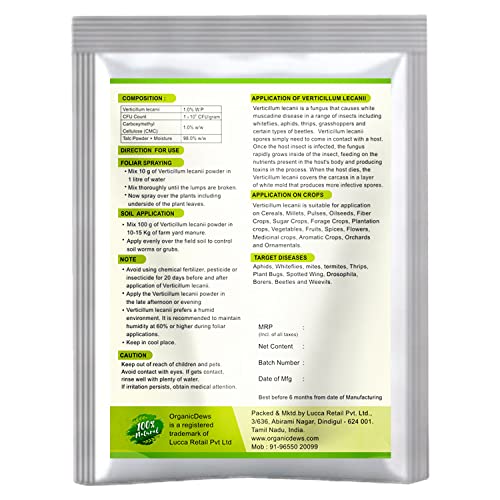 OrganicDews Verticillium lecanii (1x10^8 CFU/g) (250 g) for Plants - Against Sucking Insects Like Aphids, Thrips and Whiteflies 250 g